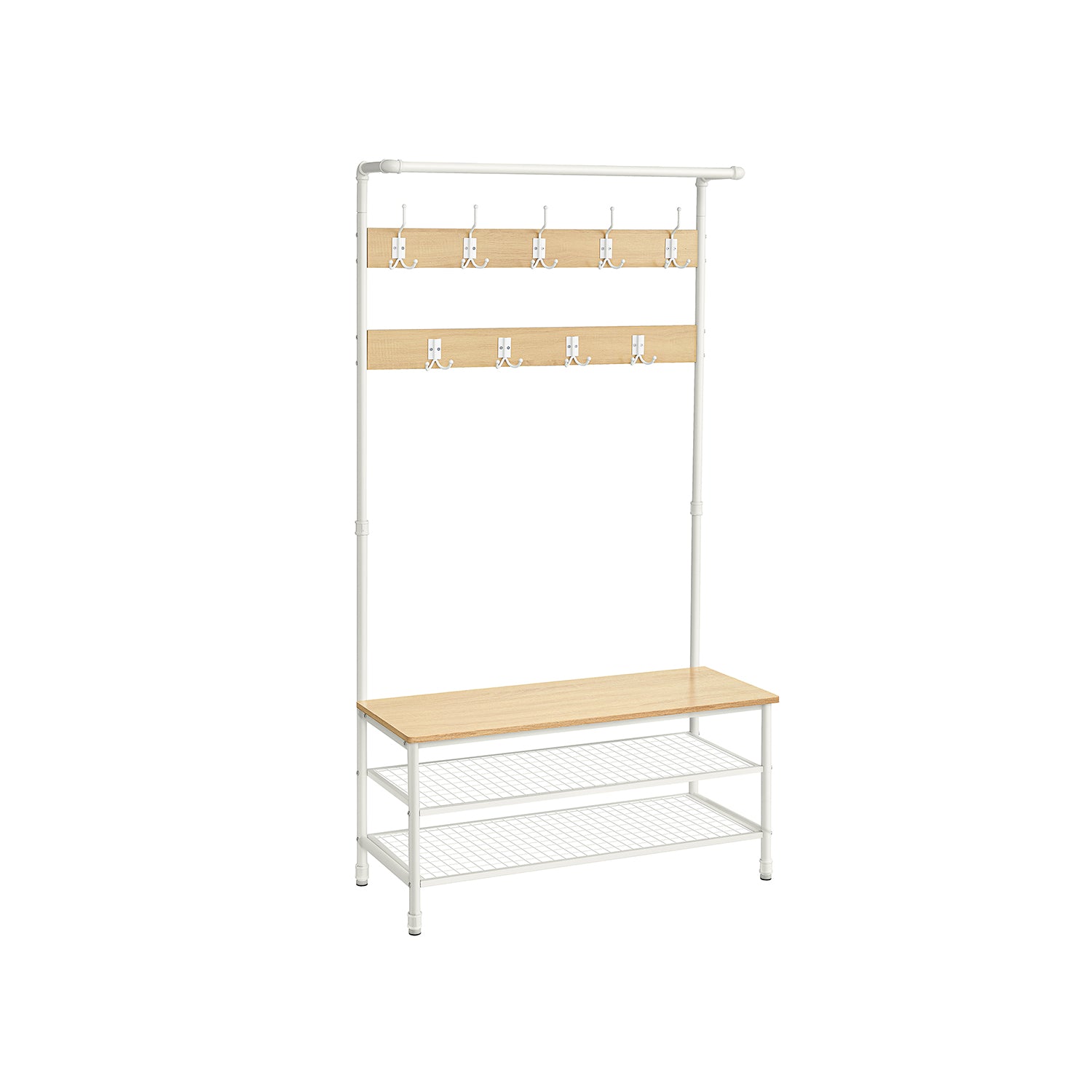 Appendiabiti, Grande Mobile da Ingresso con Panca, 9 Ganci, Scarpiera, Barra Attaccapanni, 41,5 x 100 x 182 cm