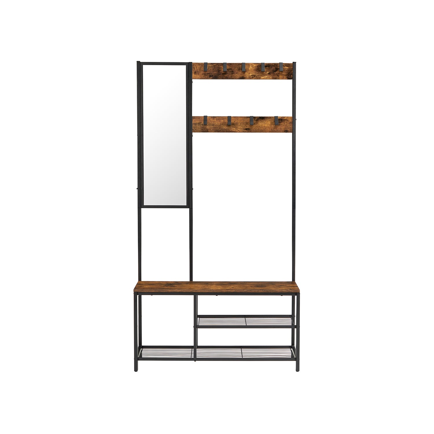 Appendiabiti, Mobile Ingresso con Ganci, Specchio, Panca Scarpiera e Ripiani